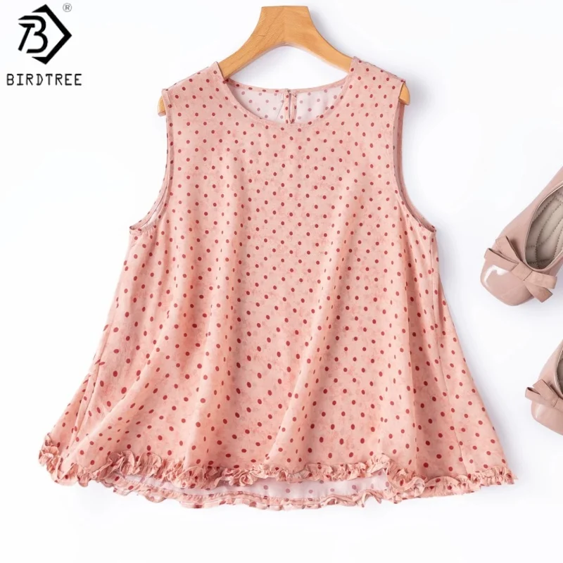 

Birdtree, 100% Silk Dot Print Tank Top, Sleeveless O-neck Vest, Women's Double Crepe Ruffle Hem Tops, 2026 Summer New T65512JF