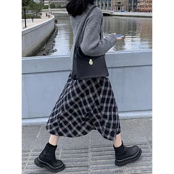 Plaid Long Skirts Women Korean Style High-waisted A-line Thin Office Lady Skirt Autumn New Casual Daily Basics Skirts Female