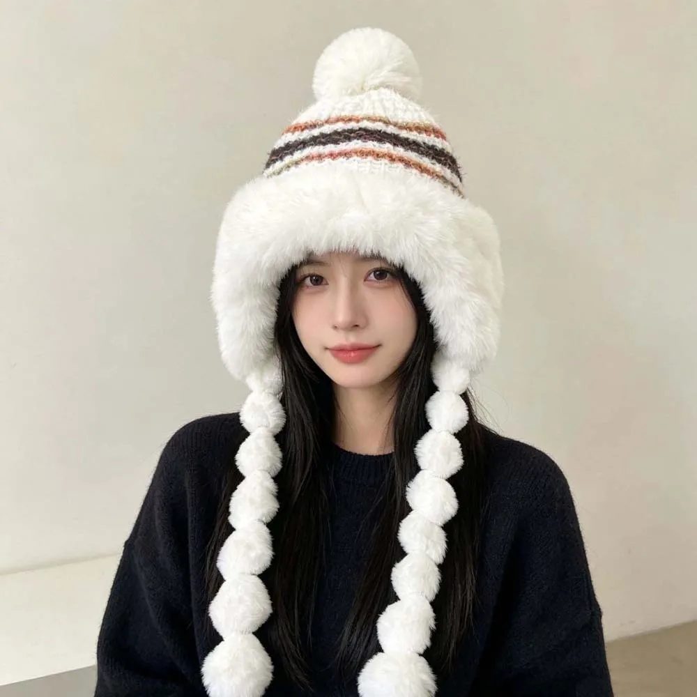 Fleece Lined Pompom Braids Hat Striped Knit Fur Brim Fur Trim Trapper ElasticThick Thermal Earflap Winter Cap Skating