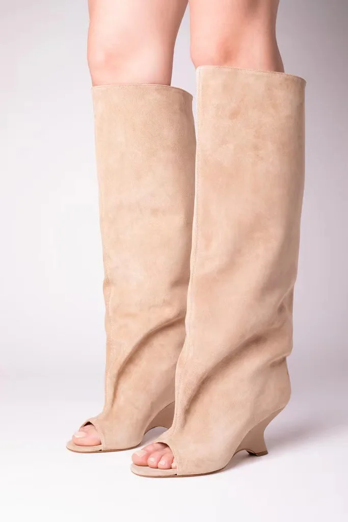 

Новые женские сапоги до колена на толстом высоком каблуке с рыбьим ртом, крутые сапоги наклонном каблуке, модные женские сапоги большого размера на весну и лето