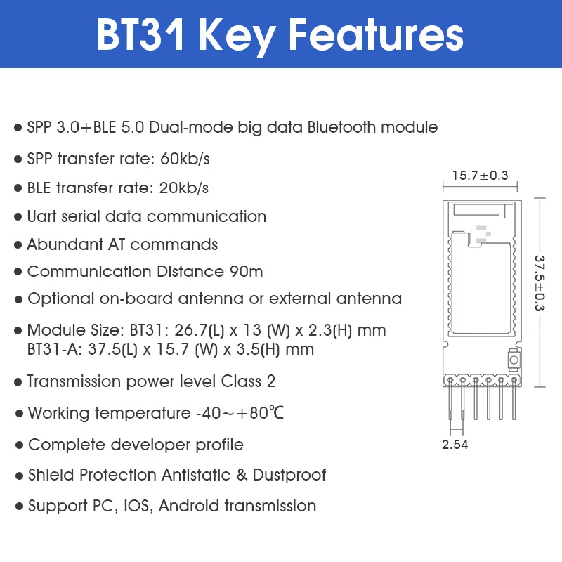 DX-BT31 big data 60kb/s SPP3.0+BLE5.0 modulo Bluetooth dual mode trasmissione UART distanza 90m Comandi AT