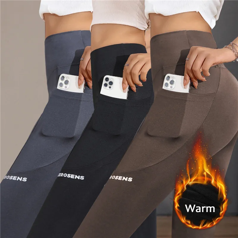 Leggings de sport thermiques pour femmes, pantalons d'entraînement de gymnastique, pantalons de yoga épais avec poche, vêtements de fitness, sourire, automne, hiver, chaud