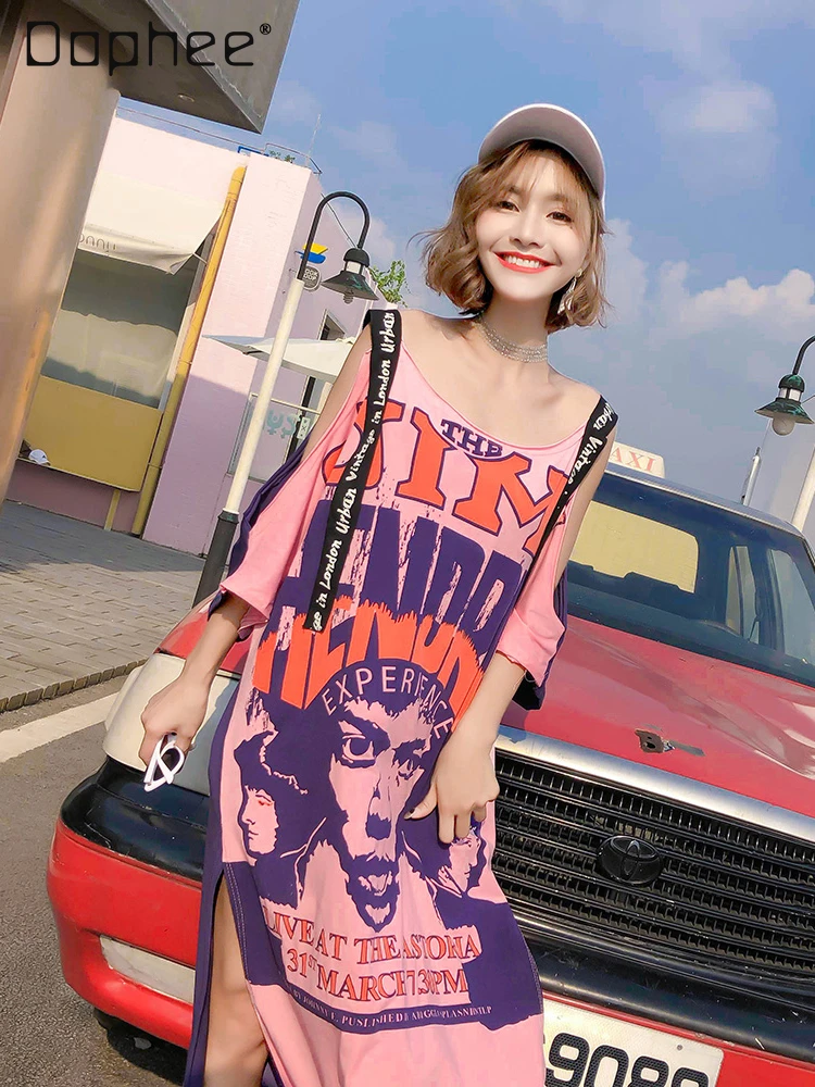 Street Style Fashion Printing Mid-Length Loose Dress Women 2024 Summer New Off-Shoulder Casual T-shirt Dress for Female Students