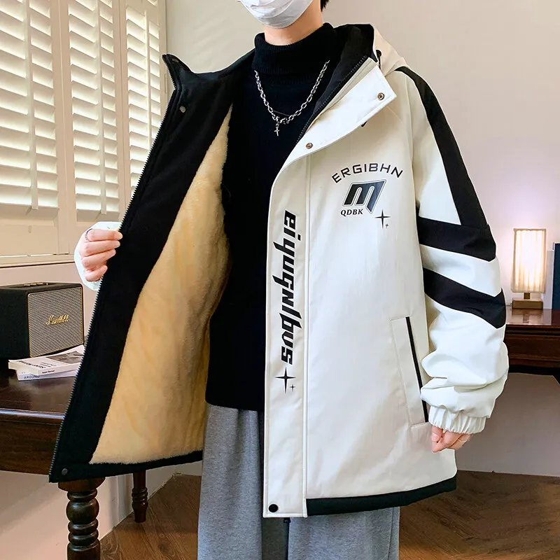 Fashion Men's Fleece Thick Warm Hooded Jackets 2026 Autumn Winter Casual Plush Coats Youth Street Wear Windproof Padded Clothing