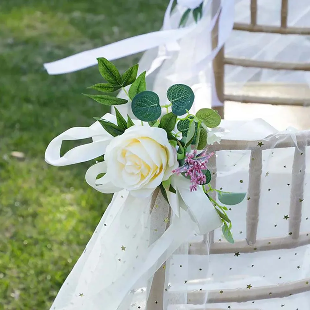 

10PCS Artificial Flower Wedding Chair Decoration Arrangement Chair Back Banquet Floral Wreath Ornament Party Church Banquet