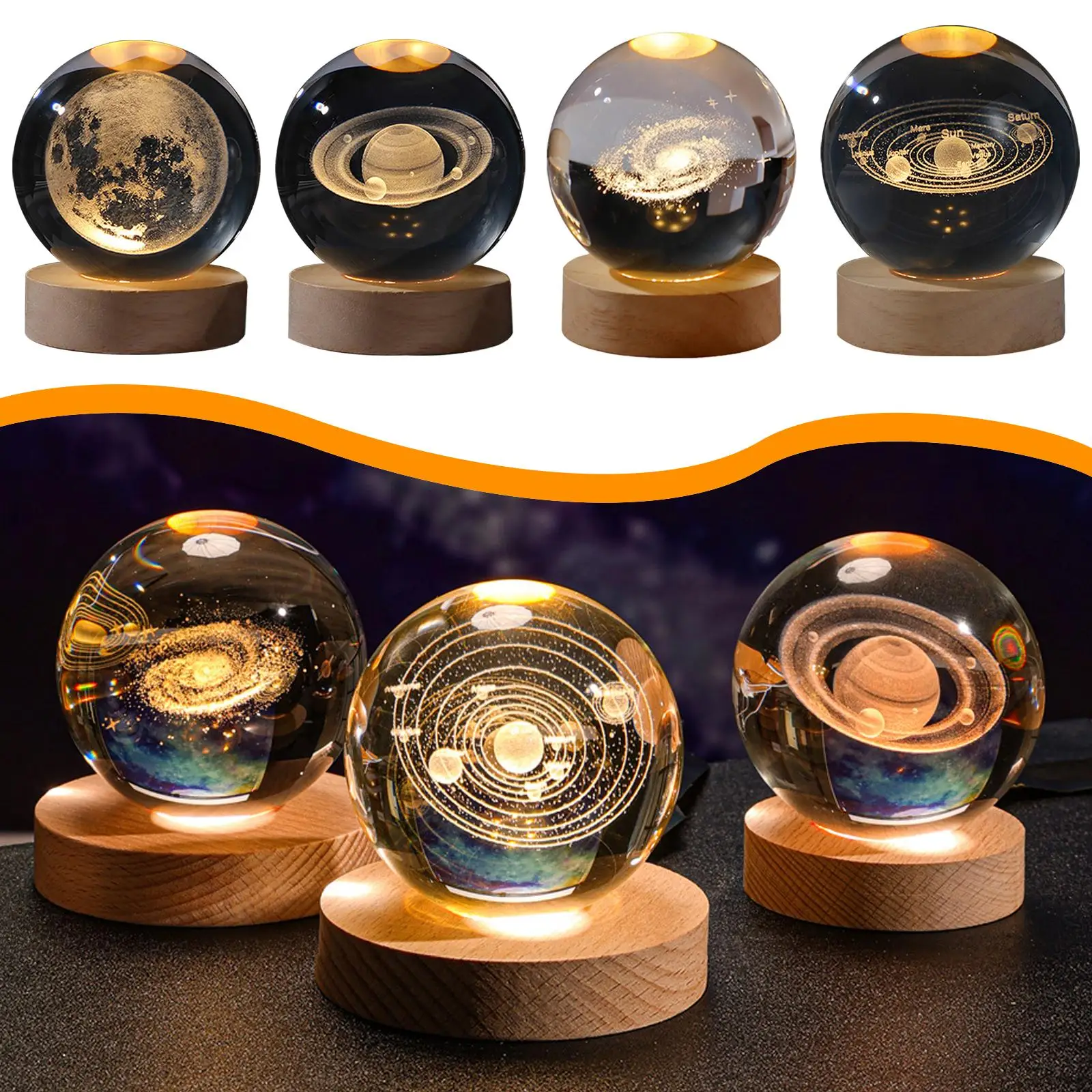 Luz de noche Led Usb, lámpara de mesa de bola de cristal 3d, Planeta, Luna, dormitorio, decoración del hogar, fiesta de niños, cumpleaños, B7p5