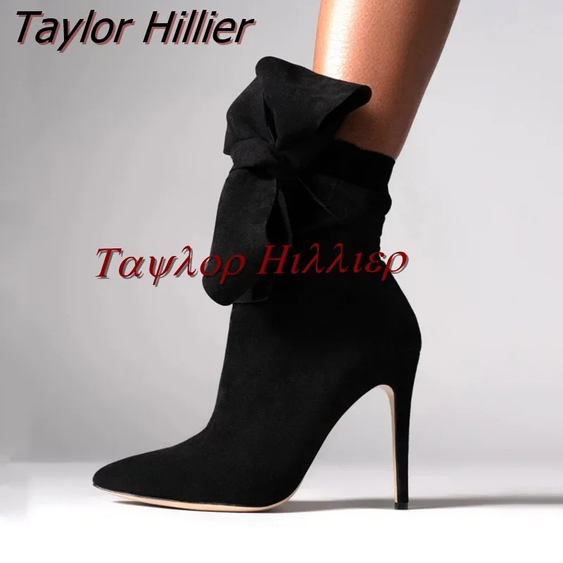 

Spring New Rose Red Nude Boots Pointed Toe Bow Velvet Stiletto Boots Sexy Fashion Catwalk Party Team Women'S Boots Large Size