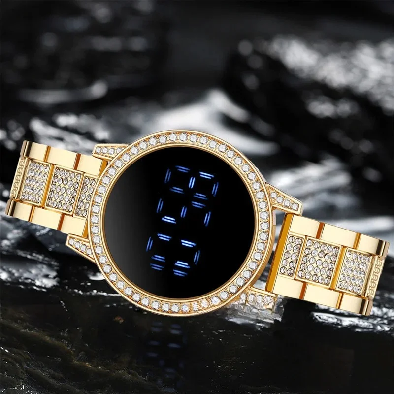 2024 Digital Watches with Large Screen for Women Luxury Rose Gold Stainless Steel Diamond-set Dial Magnet Dress LED Quartz Watch image 5