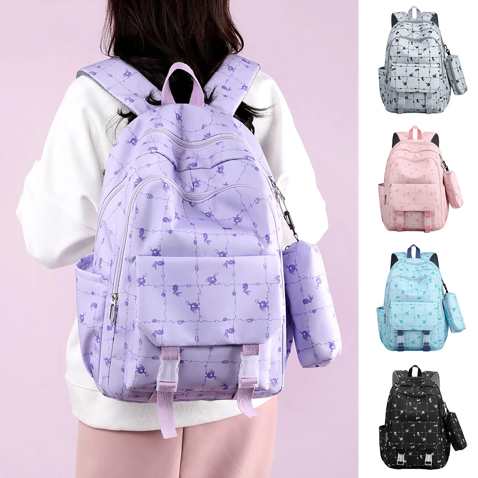 

Women Schoolbag Waterproof Large Capacity School Backpack Smooth Zipper Solid Color Teens Girl Casual Daypack Bag Student Supply