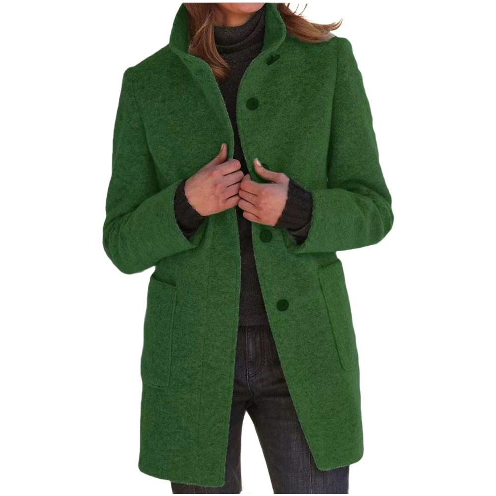 Retro Winter Woman Overcoat with Single Breasted Front Long Sleeves and Turtleneck Neckline Including Functional Pockets