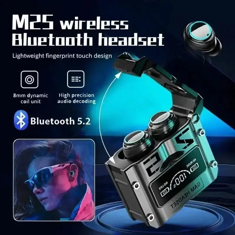 M25 headphone nirkabel TWS dengan mikrofon, earphone Bluetooth kontrol sentuh pengurangan kebisingan Stereo tahan air