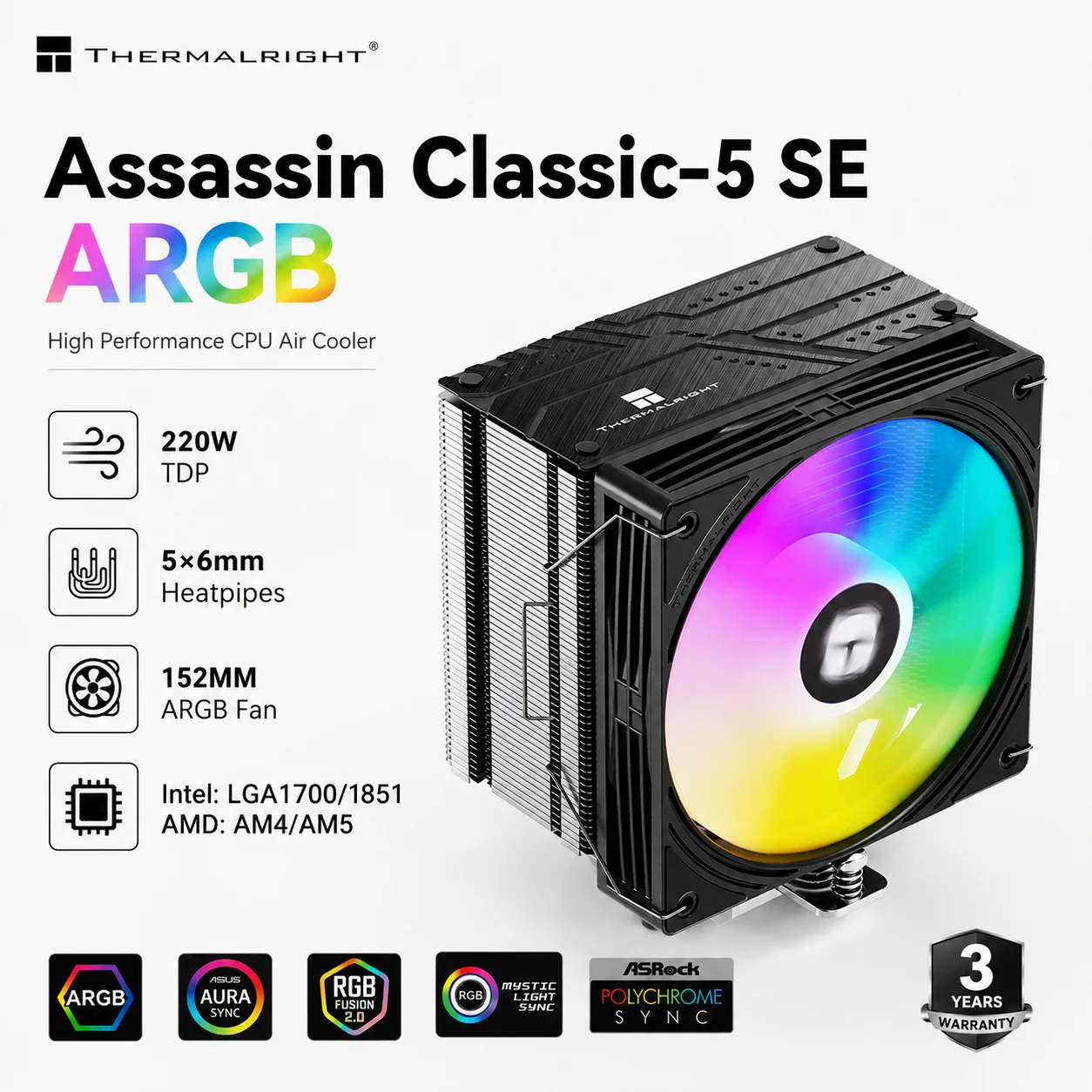 Thermalright Assassin Classic-5 SE ARGB CPU Air Cooler, AGHP 5.0 Heat Pipe/Noise Cancellation for LGA1851/1700/AM5