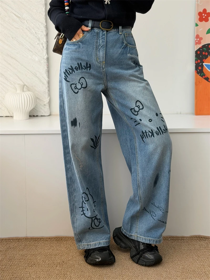 

Spring New Kit Rhinestone Printed Loose High Waist Wide Leg Jeans Women's Slimming Denim Pants MS.SUUPEER Brand Vintage Sle