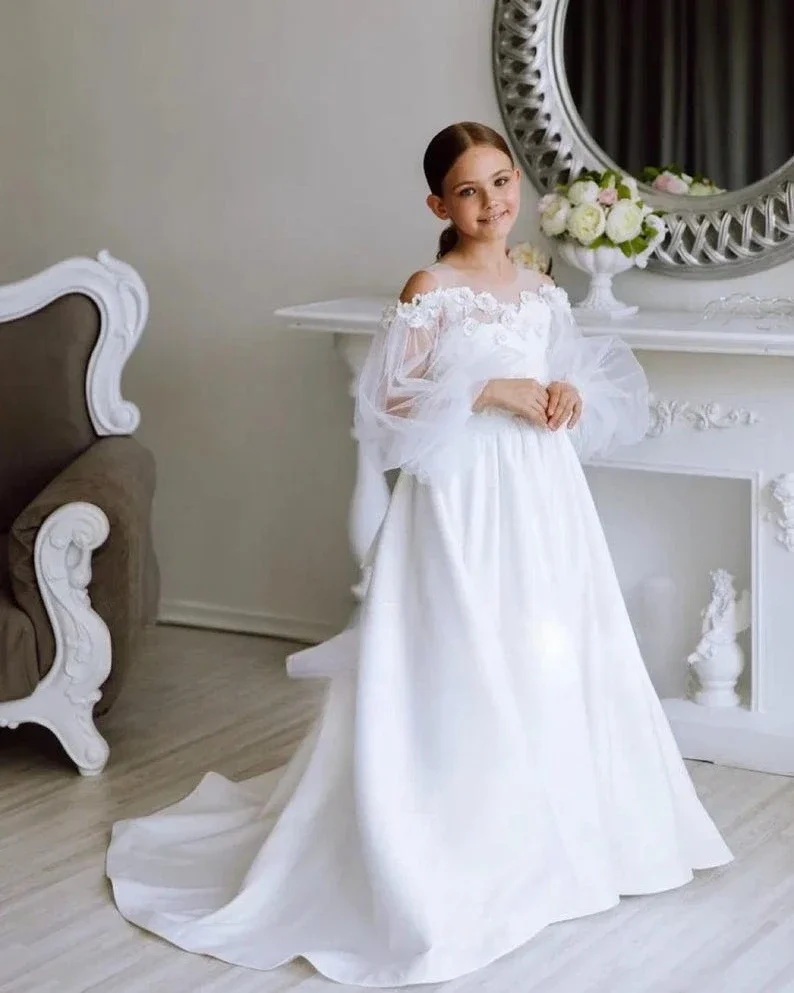 Кружевное атласное платье с цветочным узором для маленьких девочек, белое детское платье для святого причастия на свадьбу, длинные пышные платья для девочек, платья принцессы