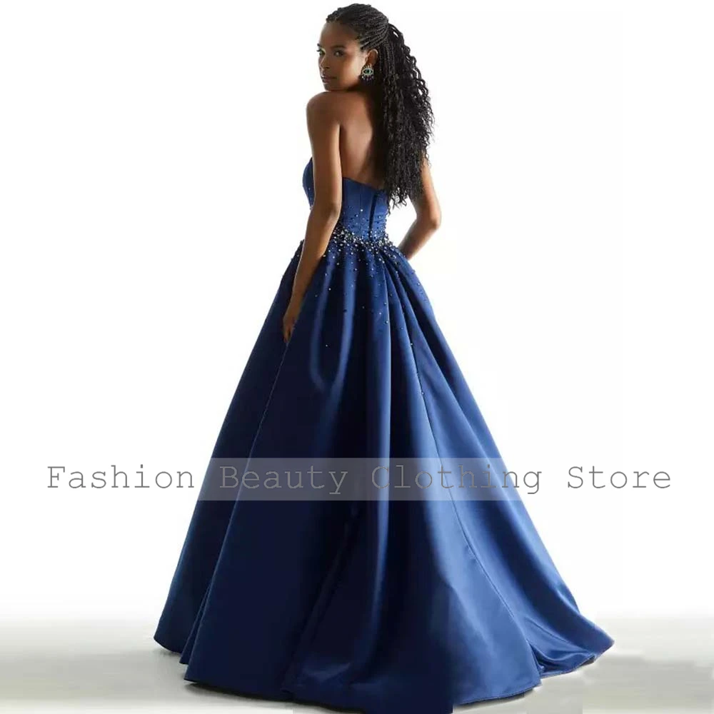 Luxury Long Beaded Evening Gowns Navy Blue Satin Ruched Rhinestone A-line Sweetheart Floor Length Dresses Bespoke Occasion Gown