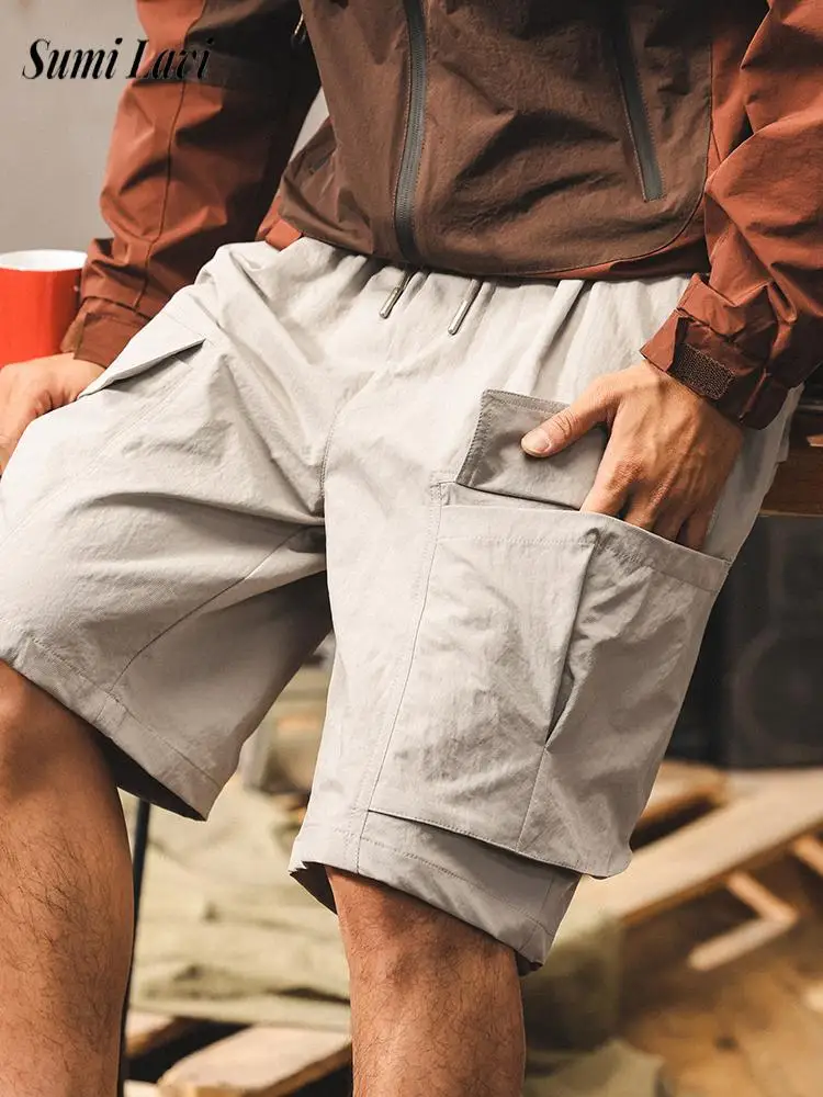 

Винтажные свободные шорты-карго на шнурке для мужчин, летняя уличная мода 2026, однотонные шорты, трендовые мужские шорты с множеством карманов