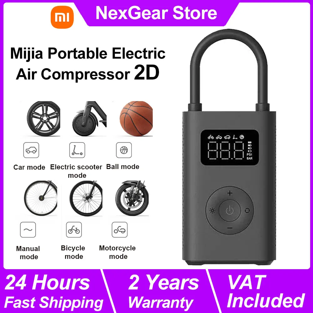 Xiaomi Mijia Compresseur d'air électrique portable 2D, pompe à air numérique intelligente de détection de pression des pneus, gonfleur électrique multi-outils 2D
