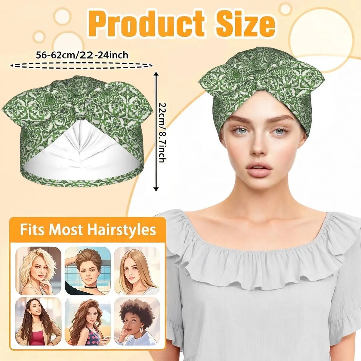 Green Ornate Floral Mediterranean Sicilian Tile Sleep Bonnet Double Layer with Adjustable Bow Hair Cap for Curly Braids Hair