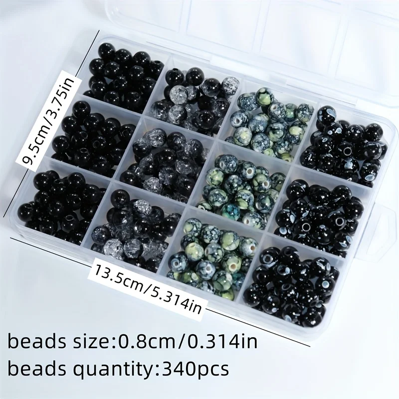 340 Stück 8mm Acryl Schwarze Runde Perlen Schmuckherstellungs-Set Box, Geeignet für DIY Armbänder, Halsketten und Ohrringe Weihnachten – Detail 3