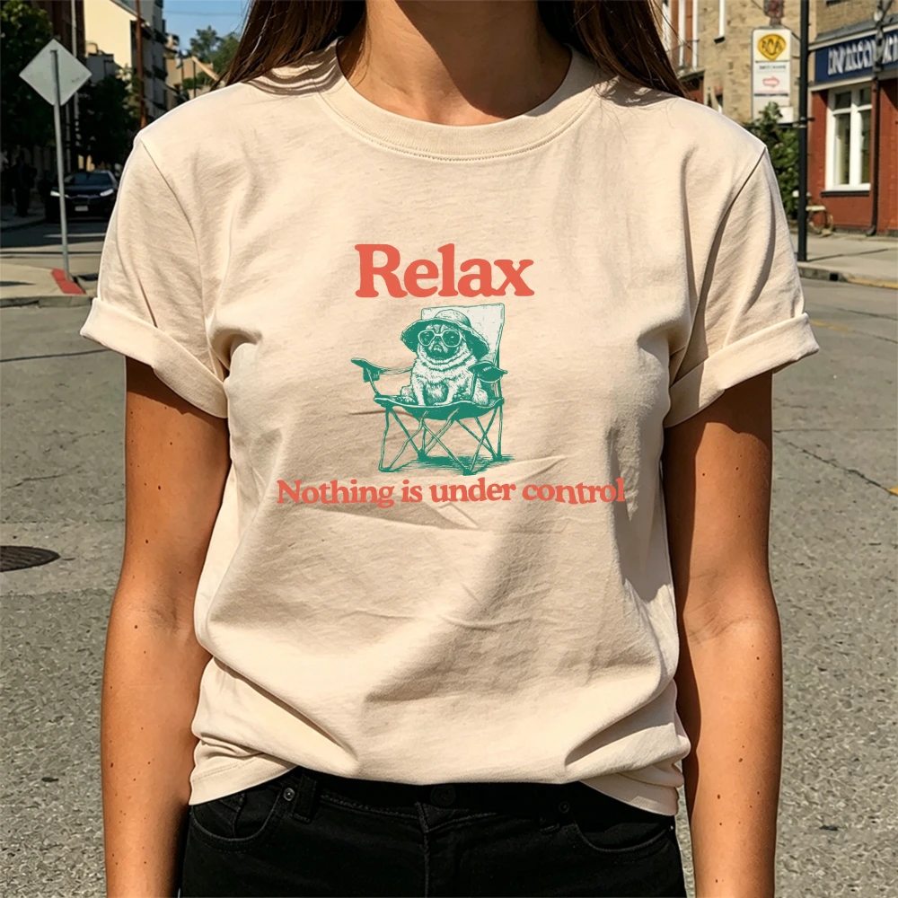 Relax Nothing Is Under Control Pug T Shirt Women Vintage Retro Beach Pug Foldable Chair Sunglasses Graphic Tee