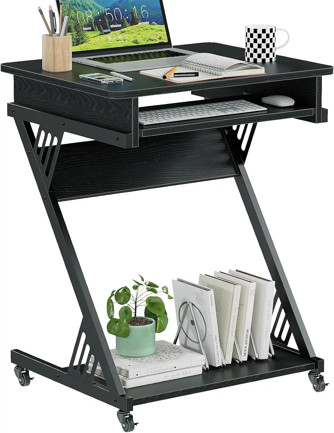 

Computer Desk for Small Spaces, 23.6" Z-Shaped Compact Study Table with Smooth Keyboard Tray, Wheels and Bottom Shelves for Home