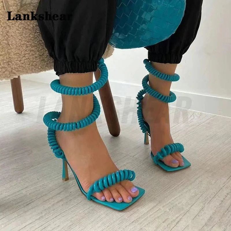 Winding Straps Stiletto Spring Square Toe Sandals Women's New Fashion Seaside Holiday Open-Toed High Heels Sandals for Women