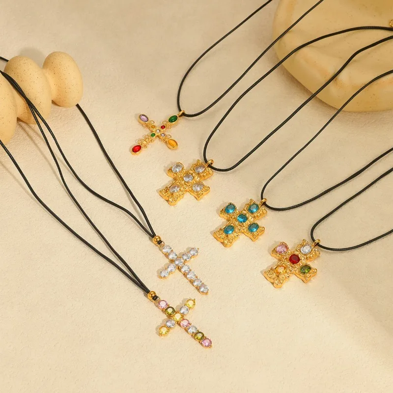 

Multicolor Crystal Stainless Steel Cross Charms Necklace Religious Christian Choker Vintage Bohemian Jewelry For Women Men Gift