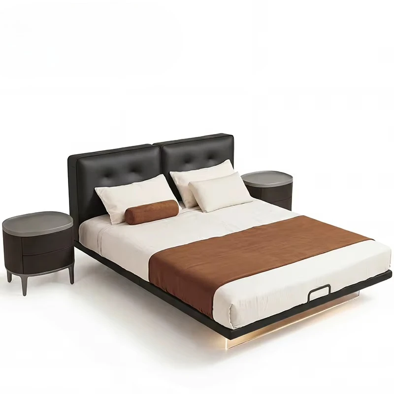 Modern split button tufted floating bed with microfiber upholstered bedroom furniture