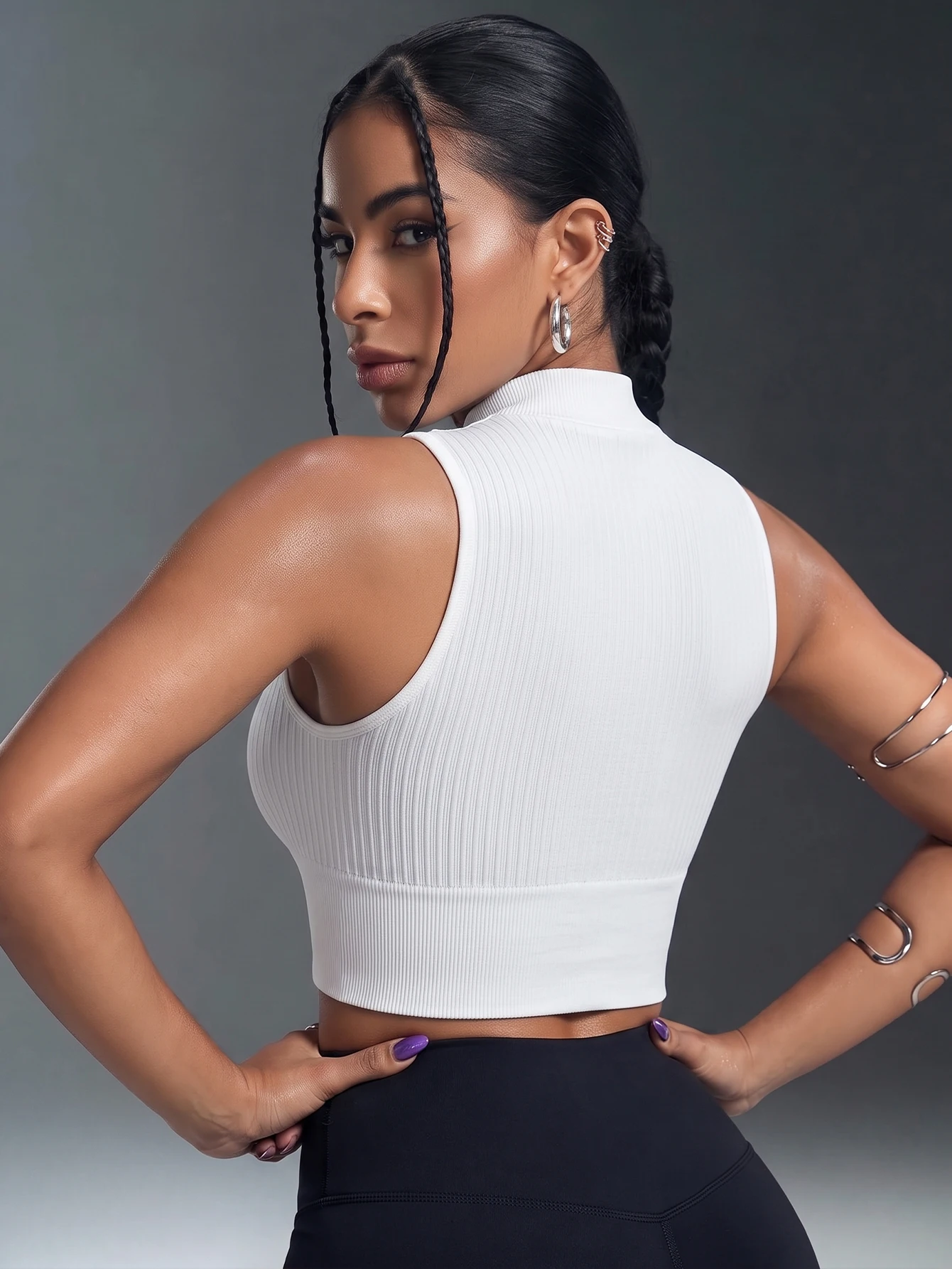1PC Women Zip Up Sports Bra Ribbed Sleeveless Crop Vest Stand Collar Deep V Racerback Slim Fit Yoga Gym Tank Top