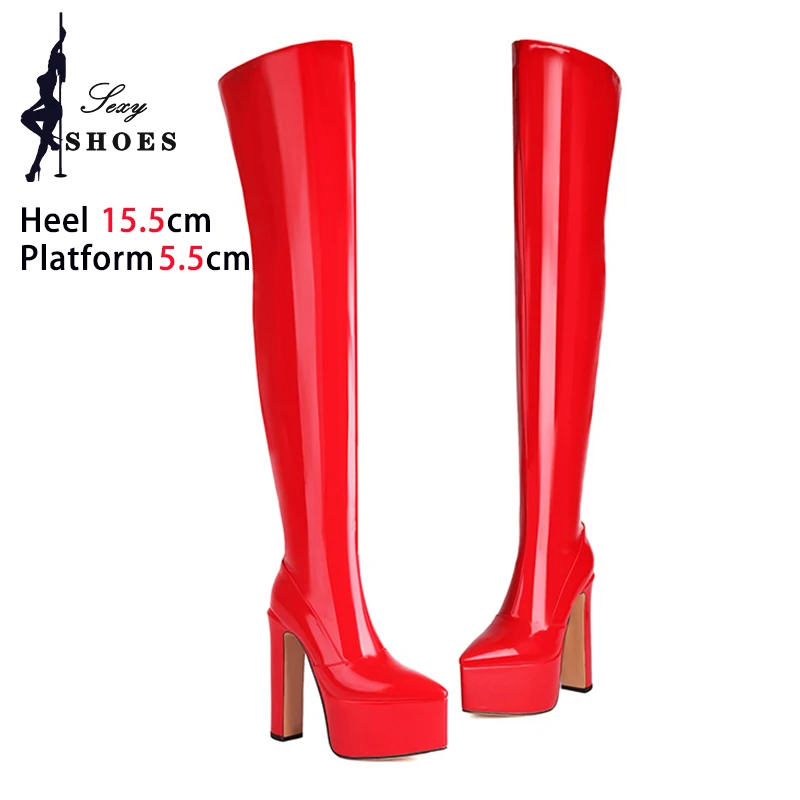 Over the knee Boots For Women Platform High Boots Nightclub Chunky Heels Autumn Winter Party Red Shoes Pointed Toe Heels Booties