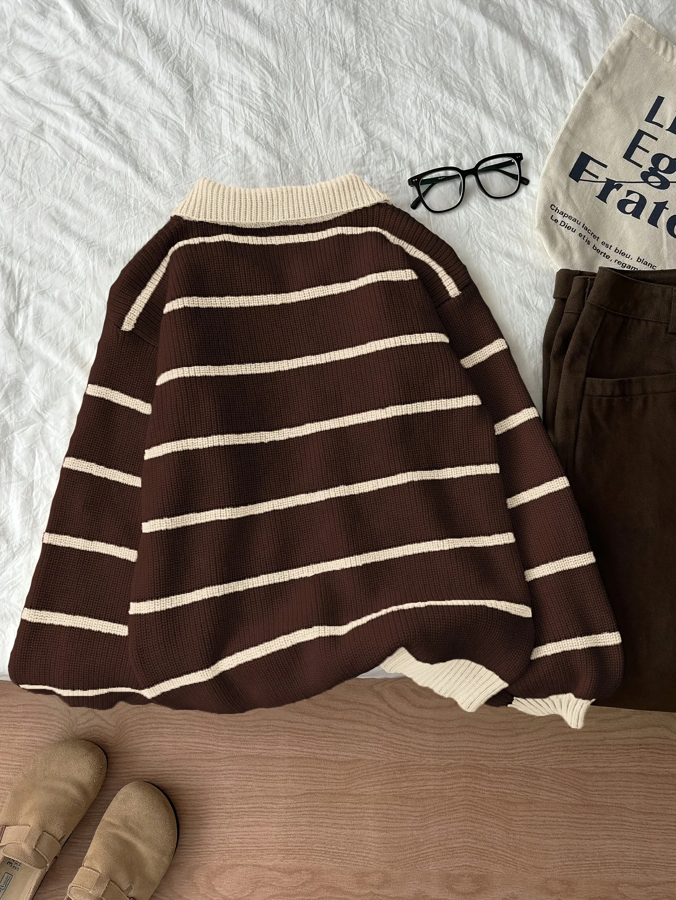 Women's polo neck striped ribbed trim knitted shirt, elegant, suitable for daily commuting, autumn and winter style image 2