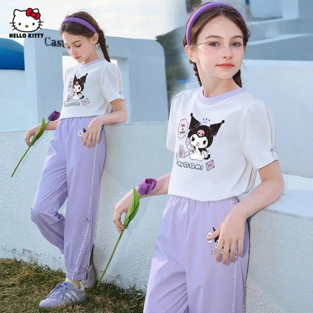 

Sanrio Kuromi Hello Kitty Girls Short Sleeve Pants Set Summer Cartoon T-Shirt Cool Sun Protection Quick-Drying Pants Trousers