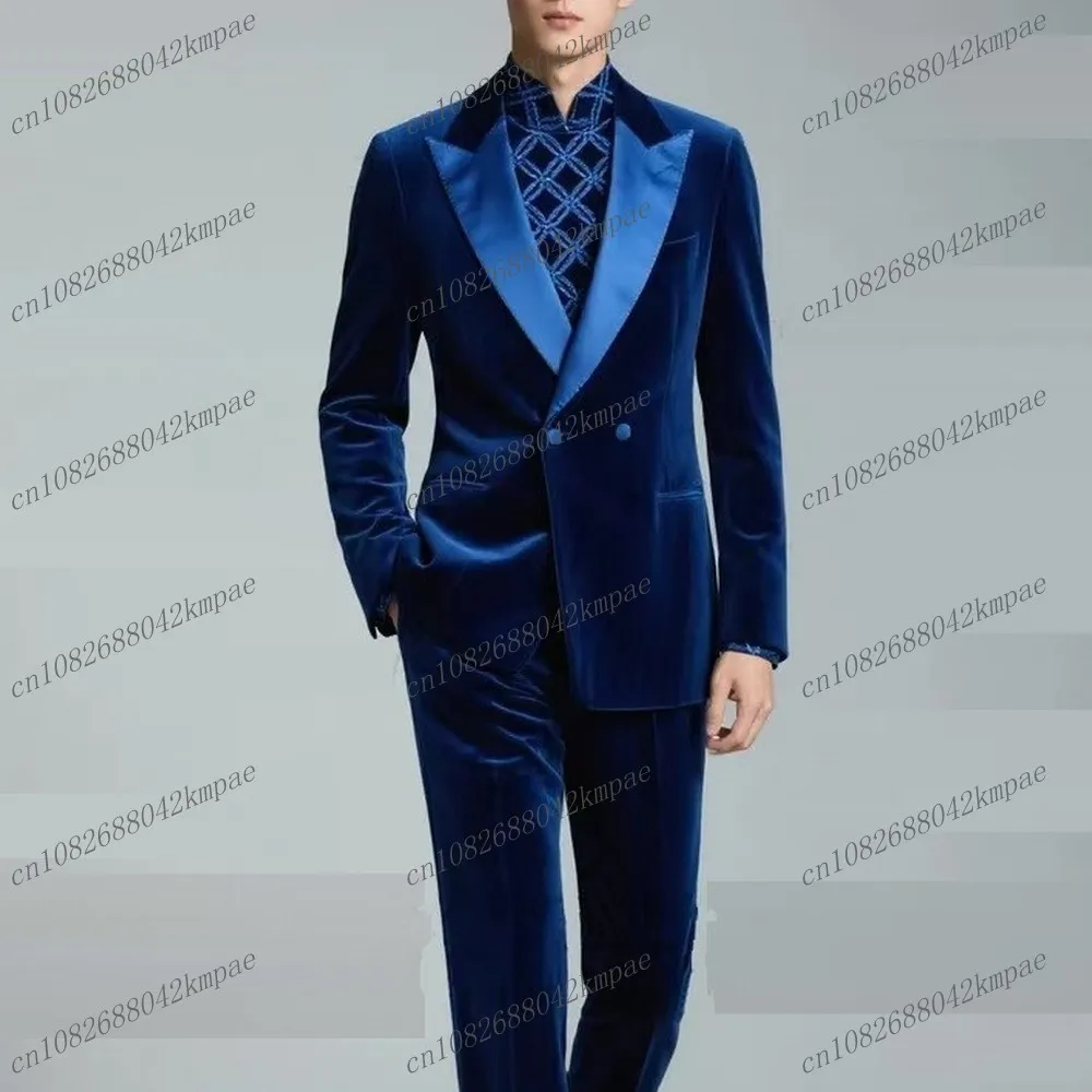 

New Blue Velvet Men Suit Formal Business Groom Groomsman Wedding Party Prom Male Tuxedos 2 Piece Set Blazer Pants