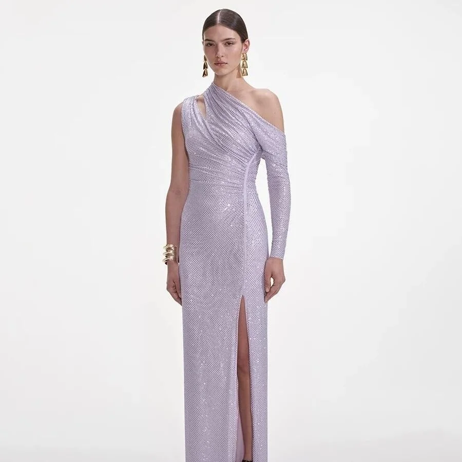 

Elegant Purple Single Shoulder Long Sleeve Dress Glittering Resin Diamond Princesse Style Performance T-Stage Evening Gown
