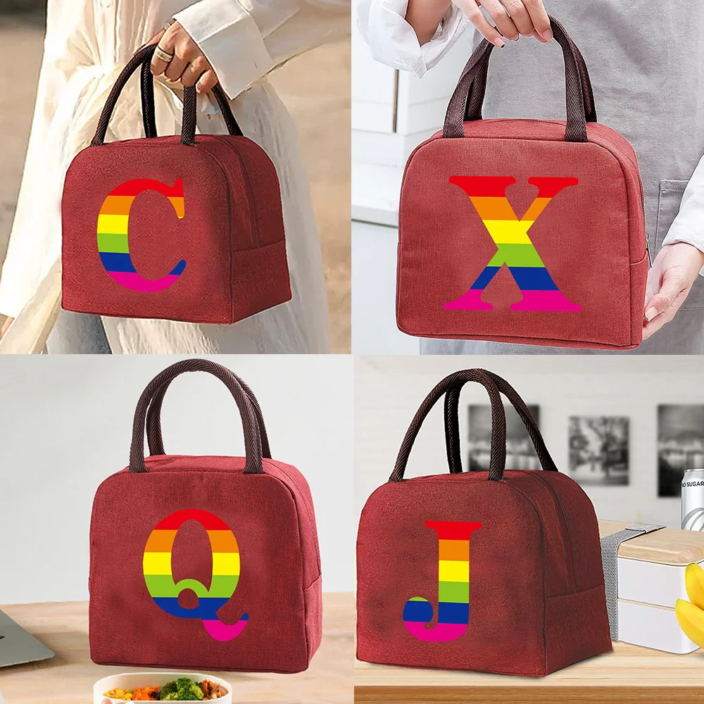 Portable Lunch Bag Cooler Thermal Insulated Tote Travel Picnic Food Container Bags for Work Lunch Box Rainbow Letter Series