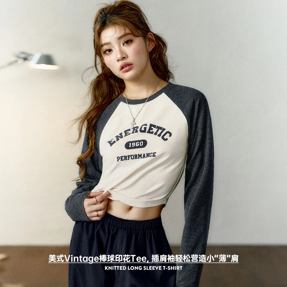 Maden Short Slim Long Sleeve T-Shirt for Women Contrast Color Round Neck Letter Top Baseball Printed Tee Innerwear