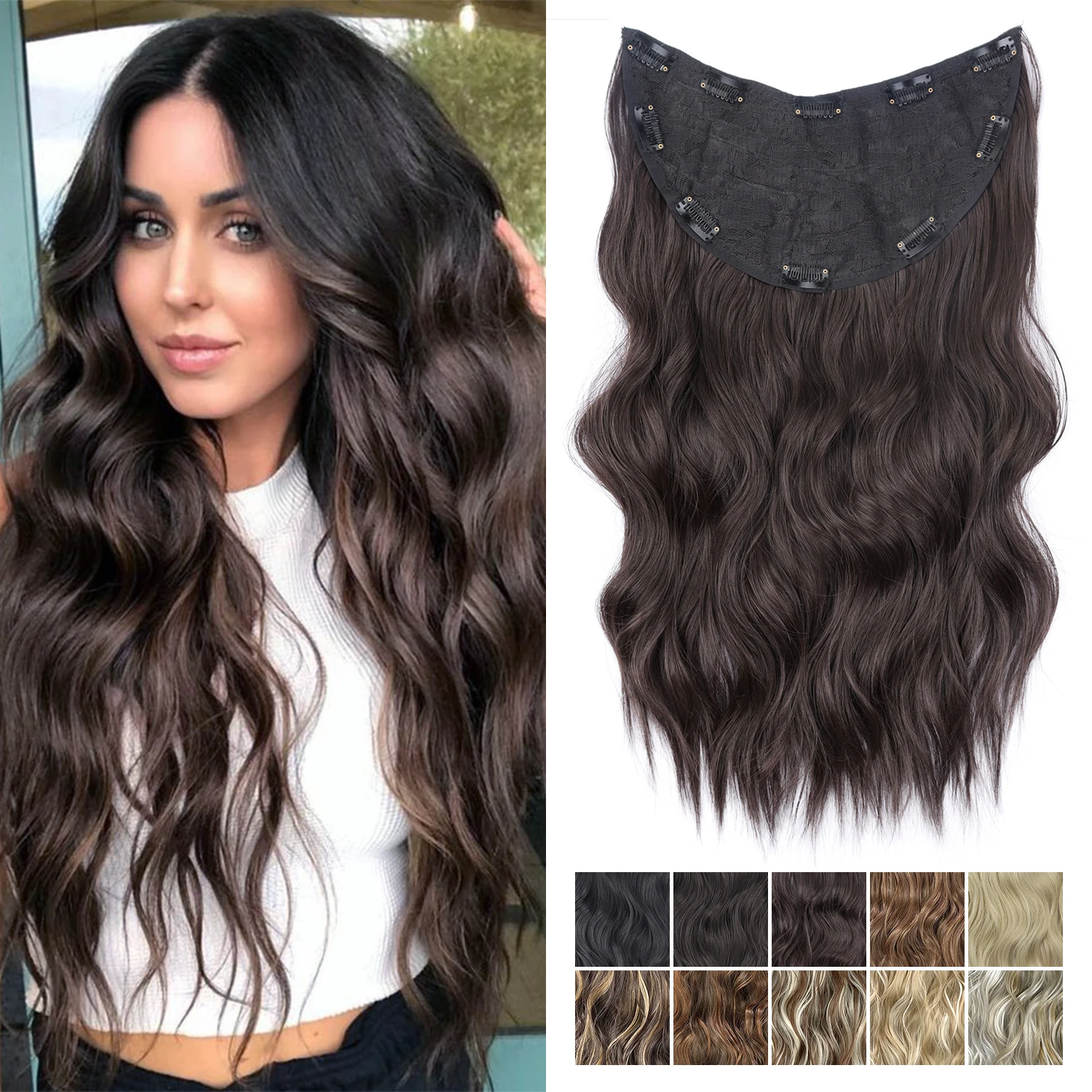 

Synthetic Long Wavy U-shaped Clip In Hair Extensions 22Inch Brown Black Heat Resiastant Hairpiece For Women Hair Accessories