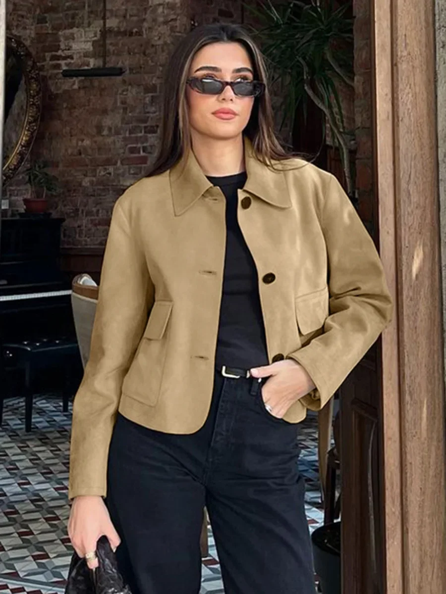 

Trending 2025 Spring Autumn Womens Brown Suede Jacket Commuter Elegant Turn Down Collar Versatile Outerwear Coat