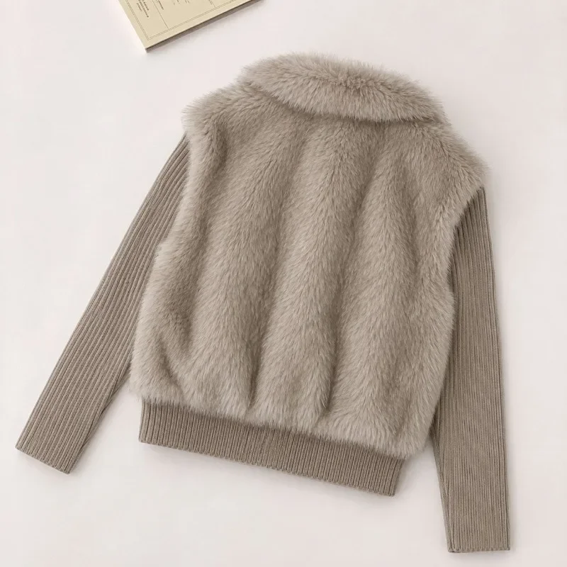 Europe The United States Women's New Imitation Fur Knitted Sleeve Splicing Jacket Cross-border Short Wool Cotton-padded Clothes