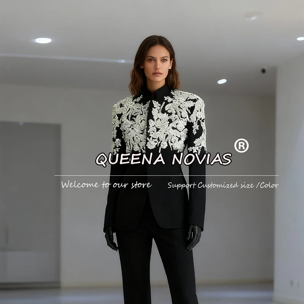 

Brilliant Beaded Stones Suits Women For Wedding Guest Stand Collar Appliques Blazers Customized 2 Pieces Ladies Party Tuxedos