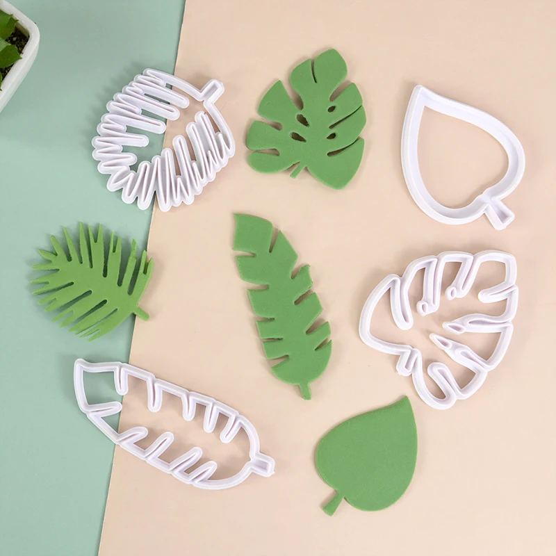 4Pcs Leaf Biscuit Mold Plastic Cookie Plunger Cutter Pastry Decorating DIY Food Fondant Baking Mould Tropical Leaves Embossing