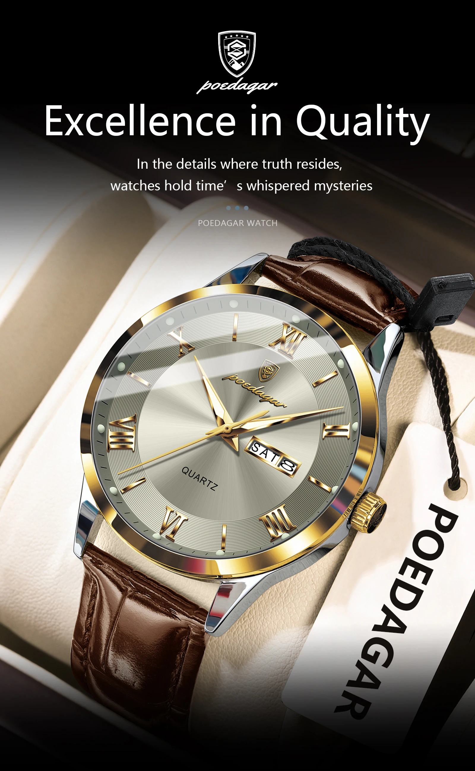 POEDAGAR Original Mode Uhr Für Mann Leder Datum Woche Quarz Männer Uhr Wasserdicht Leucht Business herren Uhren Männlich Reloj – Detail 4