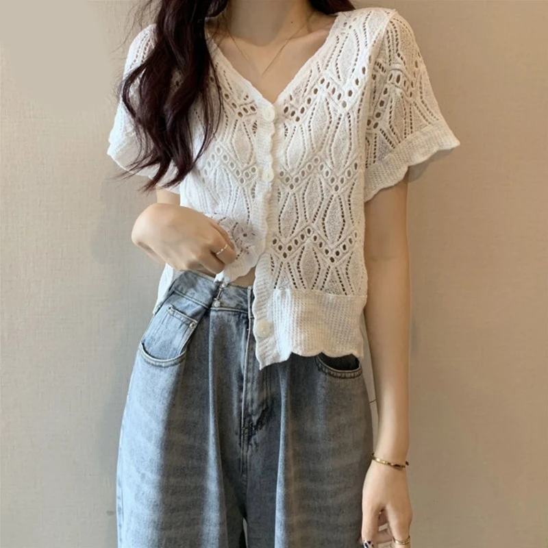 Phụ nữ Móc Ngắn/Dài Cardigan Rỗng Dệt Kim Họa Tiết Hoa Nút Cổ Chữ Áo Len Phối Vỏ Sò Rời Crop cho