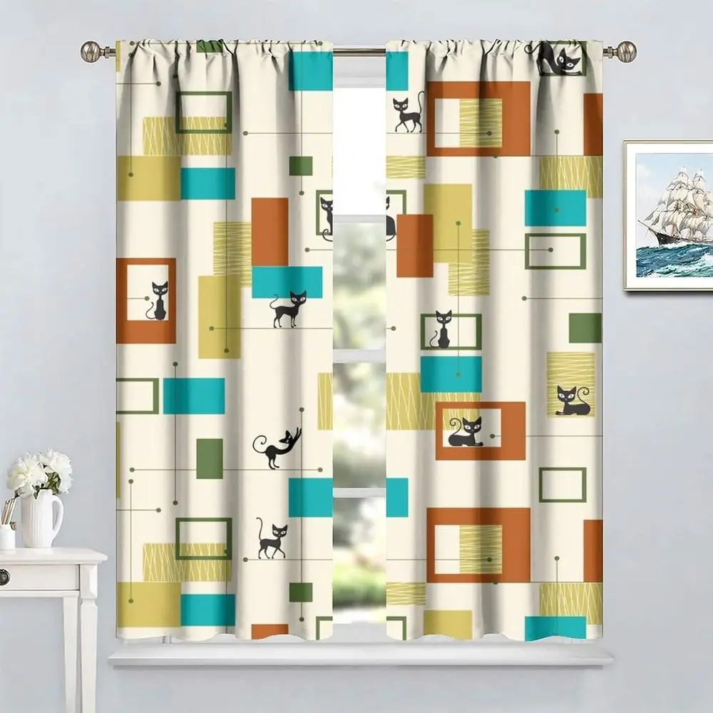 Abstract Geometric Vintage-Style Blackout Curtains, 84x84in for Bedroom or Living Room