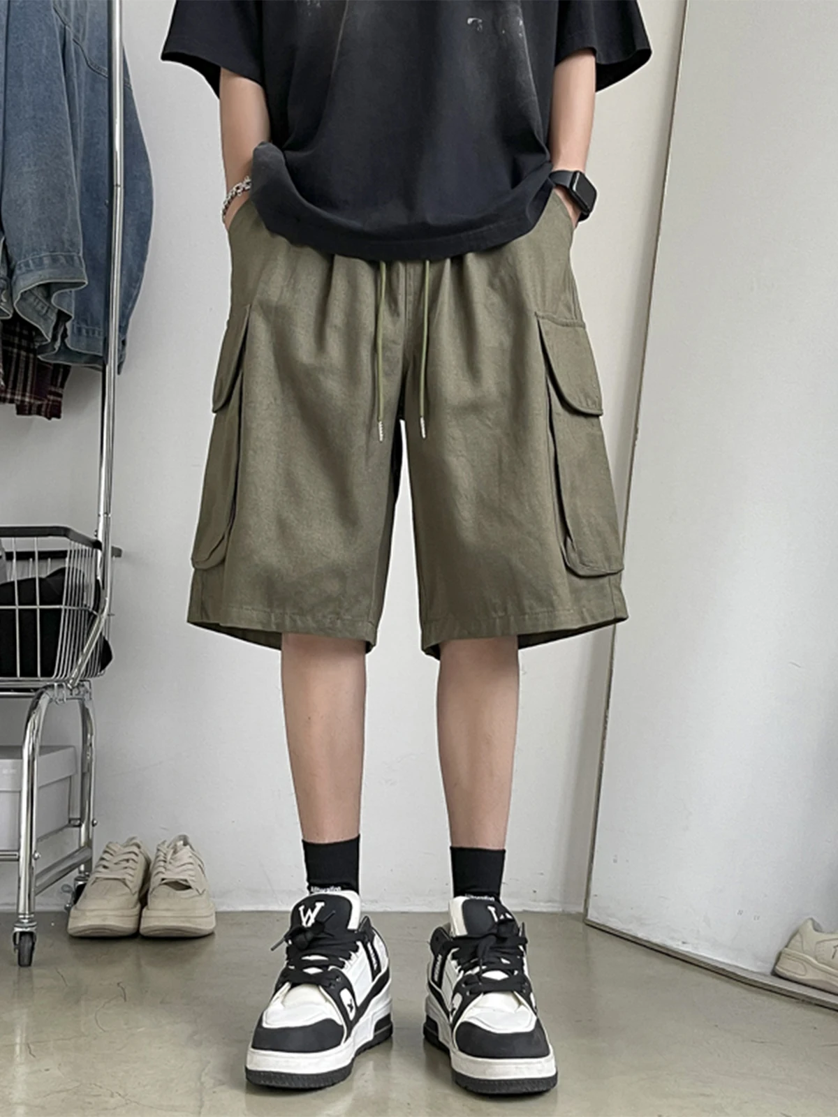 Мужские летние свободные прямые хлопковые шорты, мужские спортивные тонкие шорты G236 со множеством карманов и шнурком, новинка 2024