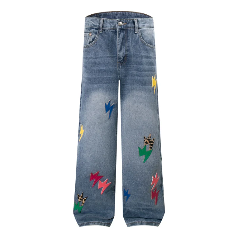 Street Designer Fashion Men Jeans Retro Blue Loose Fit Patched Ripped Jeans Men Y2K Hip Hop Straight Denim Pants Baggy Trousers