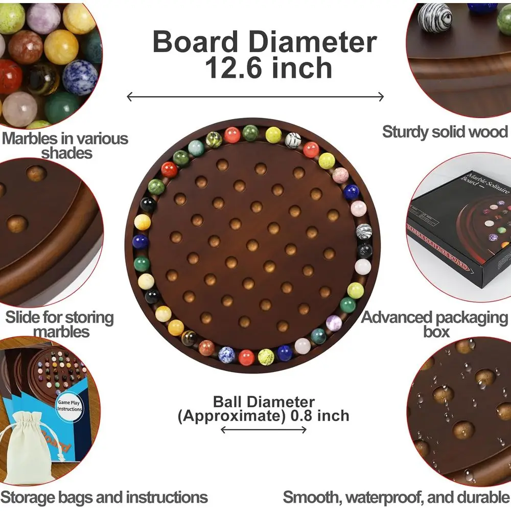 Handcrafted Walnut Solitaire Marble Game Set with 36 Natural Stones for Adults' Classic Board Game Night