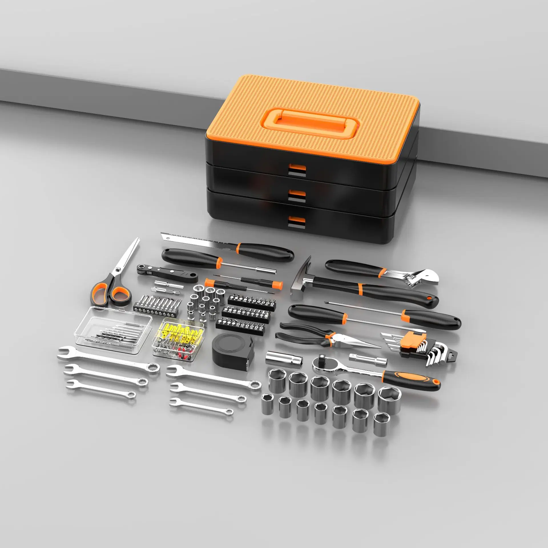 Three Layer Stackable Tool Box Set with 148 Piece Household Hand Tools and Storage Case for Home, Office and Bicycle Repair