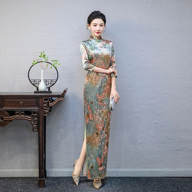 

Китайский стиль Cheongsam Tradition Qipao женский длинный банкетный халат сексуальное Cheongsam с разрезом подол женское платье с длинным рукавом с принтом Vestidos