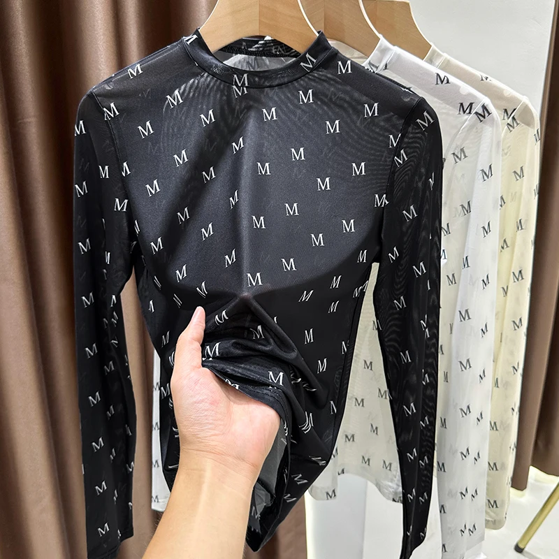 2023 Summer Women Golf Sunscreen with long sleeves and ultra-thin ice silk bottoming shirt and round neck turtleneck top